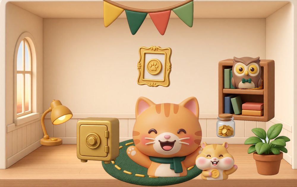 ねこのモチとハムスターのだんごが、旗や本棚、金庫、観葉植物で飾られた部屋にいるイラスト